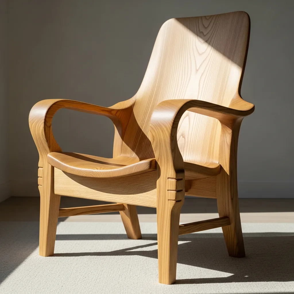 Käsinveistetty nojatuoli ergonomisella muotoilulla