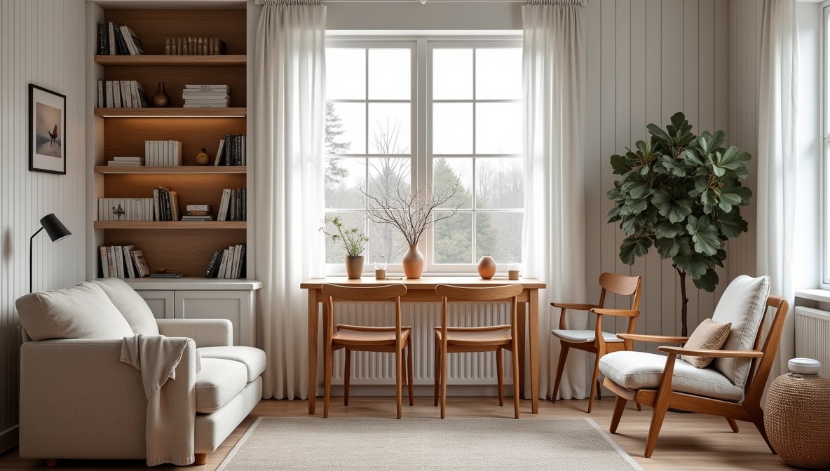 Valoisa puusepänstudio työkaluineen ja puumateriaaleineen